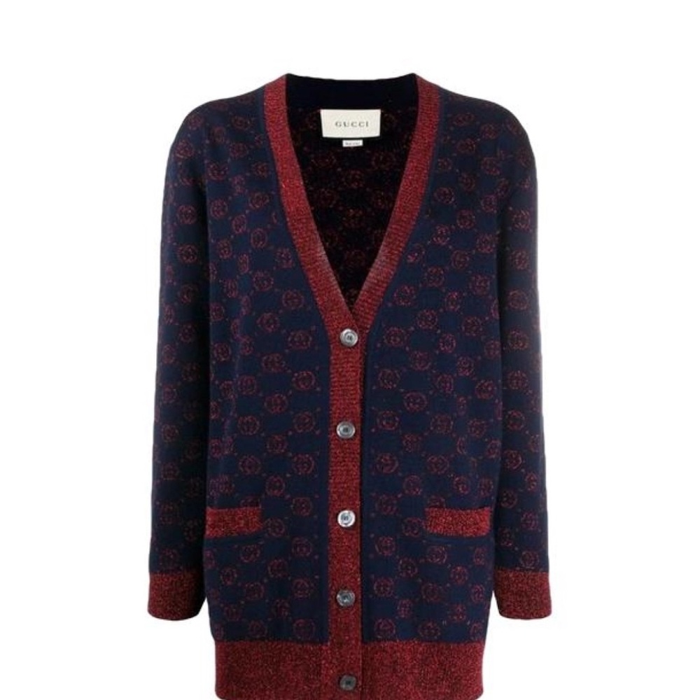 Gucci Button-Up Navy and Red Sweater